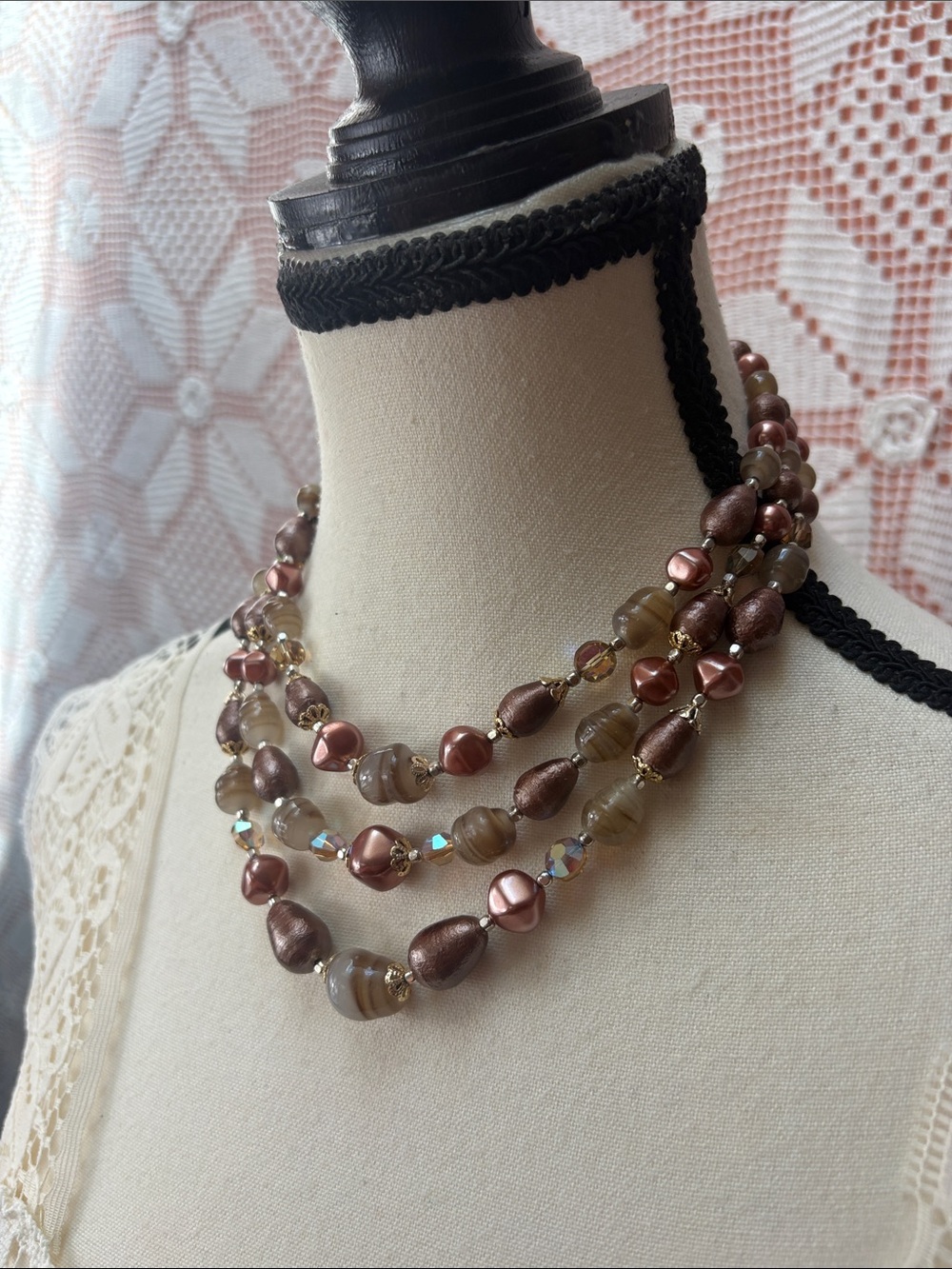 Elegant Multi-Strand Brown Pearl & Glass Necklace - Picture 5 of 6